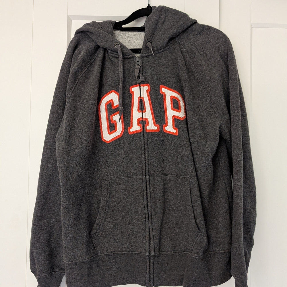 GAP Charcoal Hoodie with Bold Orange Lettering